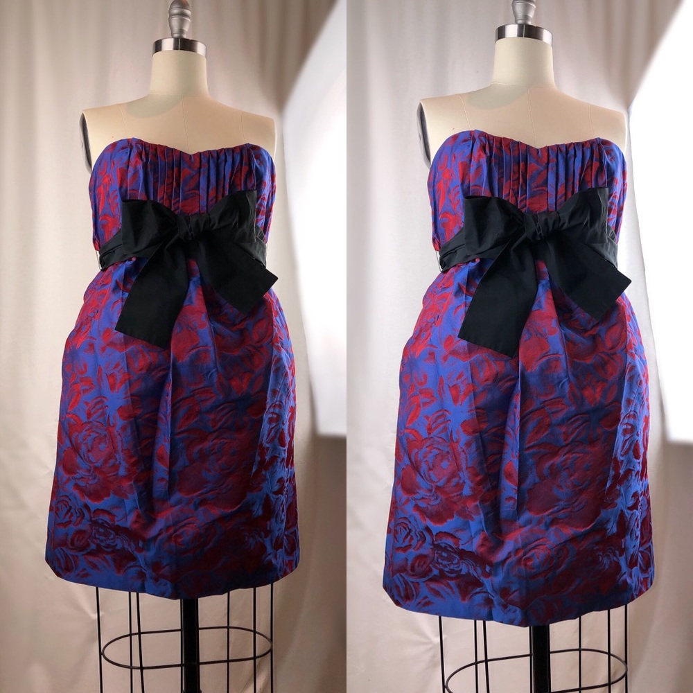 BCBGMAXAZRIA Blue satin  black bow mini dress